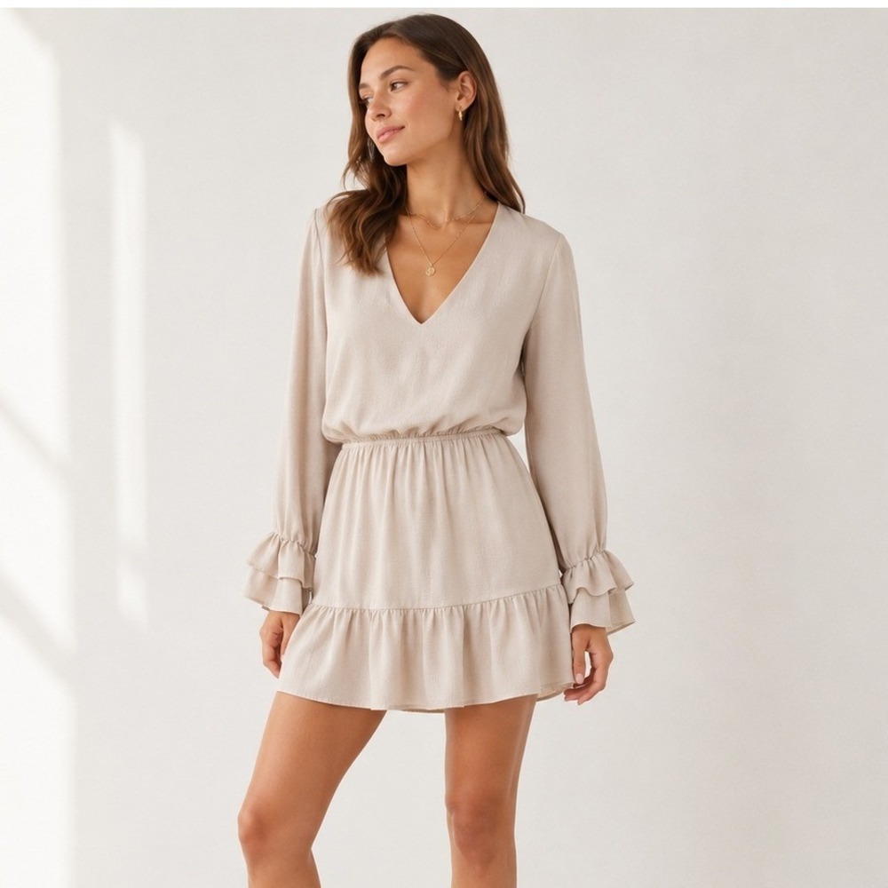 TYCHE Women Baby Pink V-Neck Ruffle Cuff Mini Dress Elastic Waist Neutral Small
